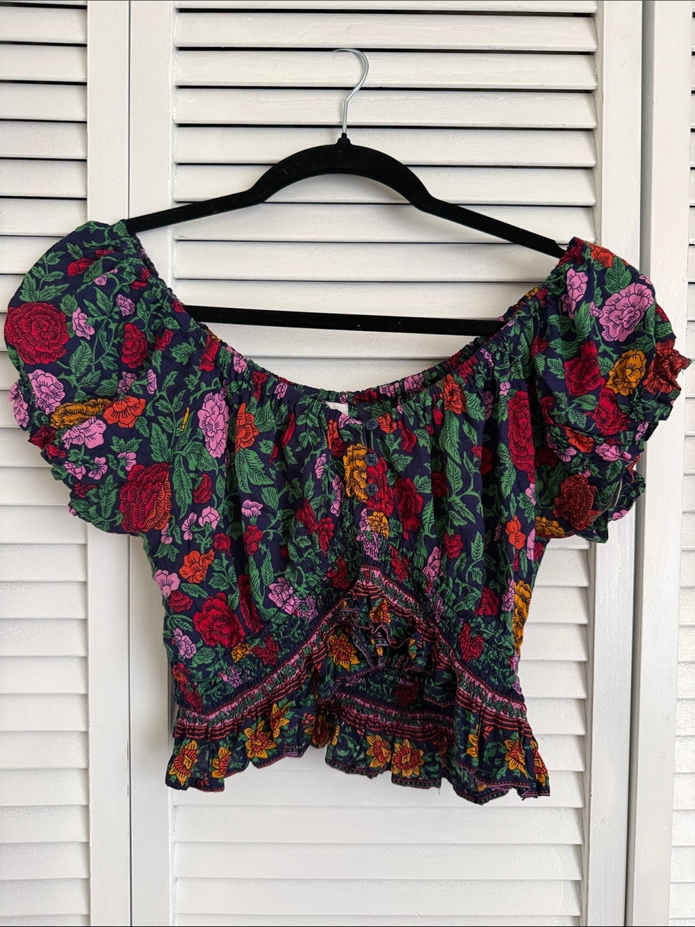 Floral Off-Shoulder Smocked Crop Top - Navy